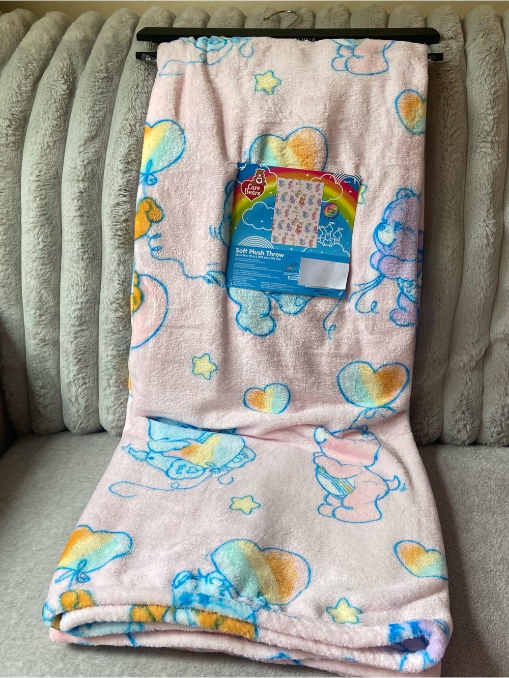 Care Bears Blanket - Pink Plush Throw Blanket with Rainbow Balloon Hearts